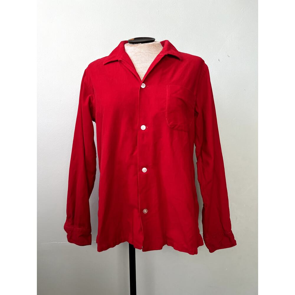 60s/70s Red Ribbed Corduroy Button Up Single Needle Top by Bravo - Size 18